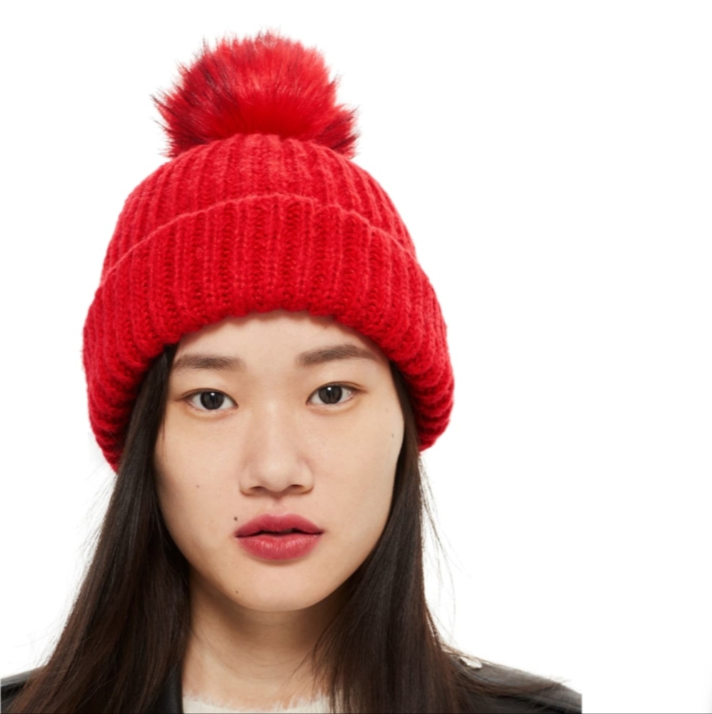 Topshop Faux Fur Pom Pom Red Ribbed Knit Beanie